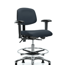 Vinyl Chair Chrome - Medium Bench Height with Adjustable Arms, Chrome Foot Ring, & Casters in Imperial Blue Trailblazer Vinyl - VMBCH-CR-T0-A1-CF-RG-8582