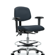 Vinyl Chair Chrome - Medium Bench Height with Seat Tilt, Adjustable Arms, Chrome Foot Ring, & Casters in Imperial Blue Trailblazer Vinyl - VMBCH-CR-T1-A1-CF-CC-8582