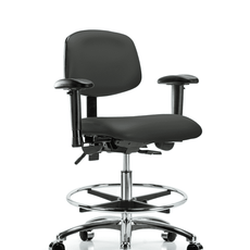 Vinyl Chair Chrome - Medium Bench Height with Seat Tilt, Adjustable Arms, Chrome Foot Ring, & Casters in Charcoal Trailblazer Vinyl - VMBCH-CR-T1-A1-CF-CC-8605