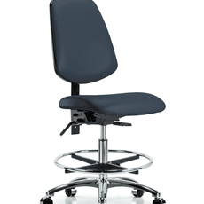 Vinyl Chair Chrome - Medium Bench Height with Medium Back, Chrome Foot Ring, & Casters in Imperial Blue Trailblazer Vinyl - VMBCH-MB-CR-T0-A0-CF-CC-8582