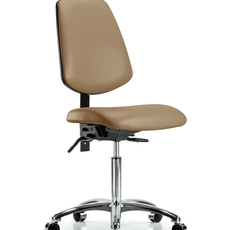 Vinyl Chair Chrome - Medium Bench Height with Medium Back, Seat Tilt, & Casters in Taupe Trailblazer Vinyl - VMBCH-MB-CR-T1-A0-NF-CC-8584