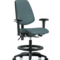 Vinyl Chair - Medium Bench Height with Medium Back, Adjustable Arms, Black Foot Ring, & Casters in Colonial Blue Trailblazer Vinyl - VMBCH-MB-RG-T0-A1-BF-RC-8546
