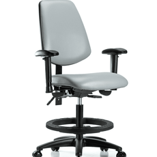 Vinyl Chair - Medium Bench Height with Medium Back, Adjustable Arms, Black Foot Ring, & Casters in Dove Trailblazer Vinyl - VMBCH-MB-RG-T0-A1-BF-RC-8567