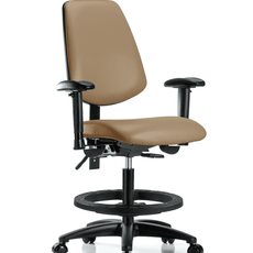 Vinyl Chair - Medium Bench Height with Medium Back, Adjustable Arms, Black Foot Ring, & Casters in Taupe Trailblazer Vinyl - VMBCH-MB-RG-T0-A1-BF-RC-8584
