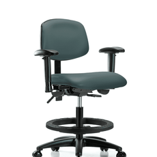 Vinyl Chair - Medium Bench Height with Adjustable Arms, Black Foot Ring, & Casters in Colonial Blue Trailblazer Vinyl - VMBCH-RG-T0-A1-BF-RC-8546