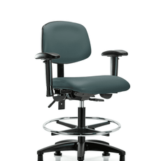 Vinyl Chair - Medium Bench Height with Adjustable Arms, Chrome Foot Ring, & Stationary Glides in Colonial Blue Trailblazer Vinyl - VMBCH-RG-T0-A1-CF-RG-8546