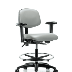 Vinyl Chair - Medium Bench Height with Seat Tilt, Adjustable Arms, Chrome Foot Ring, & Casters in Dove Trailblazer Vinyl - VMBCH-RG-T1-A1-CF-RC-8567