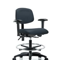 Vinyl Chair - Medium Bench Height with Seat Tilt, Adjustable Arms, Chrome Foot Ring, & Casters in Imperial Blue Trailblazer Vinyl - VMBCH-RG-T1-A1-CF-RC-8582