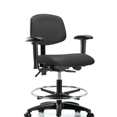 Vinyl Chair - Medium Bench Height with Seat Tilt, Adjustable Arms, Chrome Foot Ring, & Casters in Charcoal Trailblazer Vinyl - VMBCH-RG-T1-A1-CF-RC-8605