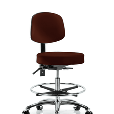 Vinyl Stool with Back Chrome - Medium Bench Height with Chrome Foot Ring & Casters in Burgundy Trailblazer Vinyl - VMBST-CR-T0-CF-CC-8569