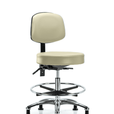 Vinyl Stool with Back Chrome - Medium Bench Height with Chrome Foot Ring & Stationary Glides in Adobe White Trailblazer Vinyl - VMBST-CR-T0-CF-RG-8501