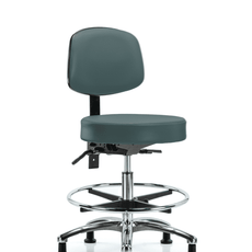 Vinyl Stool with Back Chrome - Medium Bench Height with Chrome Foot Ring & Stationary Glides in Colonial Blue Trailblazer Vinyl - VMBST-CR-T0-CF-RG-8546