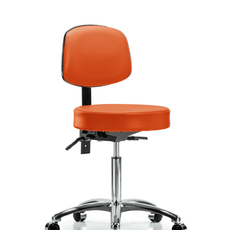 Vinyl Stool with Back Chrome - Medium Bench Height with Casters in Orange Kist Trailblazer Vinyl - VMBST-CR-T0-NF-CC-8613
