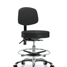 Vinyl Stool with Back Chrome - Medium Bench Height with Seat Tilt, Chrome Foot Ring, & Casters in Black Trailblazer Vinyl - VMBST-CR-T1-CF-CC-8540