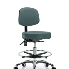Vinyl Stool with Back Chrome - Medium Bench Height with Seat Tilt, Chrome Foot Ring, & Casters in Colonial Blue Trailblazer Vinyl - VMBST-CR-T1-CF-CC-8546