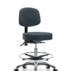 Vinyl Stool with Back Chrome - Medium Bench Height with Seat Tilt, Chrome Foot Ring, & Casters in Imperial Blue Trailblazer Vinyl - VMBST-CR-T1-CF-CC-8582