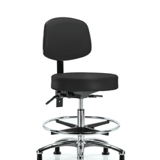 Vinyl Stool with Back Chrome - Medium Bench Height with Seat Tilt, Chrome Foot Ring, & Stationary Glides in Black Trailblazer Vinyl - VMBST-CR-T1-CF-RG-8540