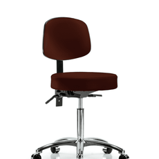 Vinyl Stool with Back Chrome - Medium Bench Height with Seat Tilt & Casters in Burgundy Trailblazer Vinyl - VMBST-CR-T1-NF-CC-8569