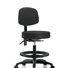 Vinyl Stool with Back - Medium Bench Height with Black Foot Ring & Casters in Black Trailblazer Vinyl - VMBST-RG-T0-BF-RC-8540