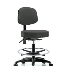 Vinyl Stool with Back - Medium Bench Height with Seat Tilt, Chrome Foot Ring, & Casters in Charcoal Trailblazer Vinyl - VMBST-RG-T1-CF-RC-8605