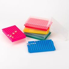 Reversible Rack with Cover for Microcentrifuge Tubes, 96-Place for 1.5mL and 2.0mL and Reverse Side is 96-Place for 0.2mL and 0.5mL Tubes, Blue, 5/Pack-456355B